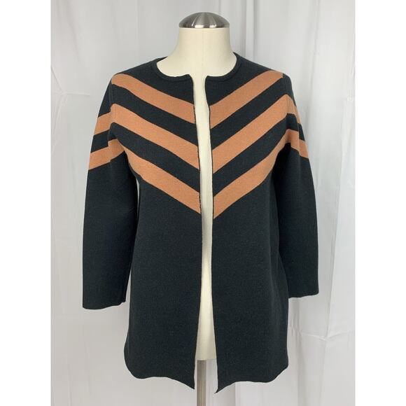 Ava Open Front Chevron Cardigan Sweater Black Tan S - Picture 1 of 10